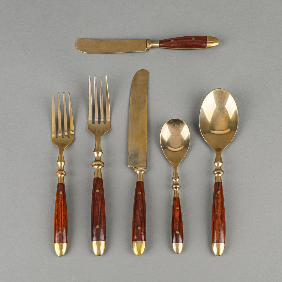 Thai Nickel Bronze Rosewood Handle Flatware 8 Place Settings Plus Extras