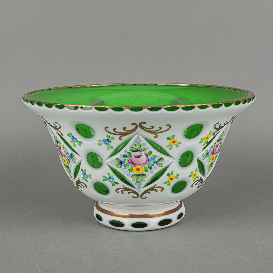 Bohemian Style Hand Painted White Cased Green Cut To Clear Footed Bowl