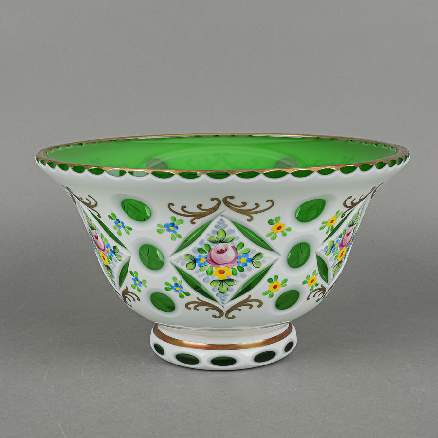 Bohemian Style Hand Painted White Cased Green Cut To Clear Footed Bowl
