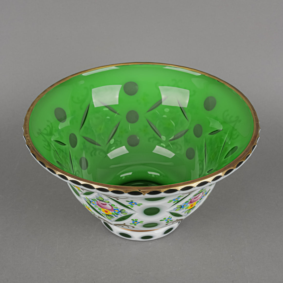 Bohemian Style Hand Painted White Cased Green Cut To Clear Footed Bowl