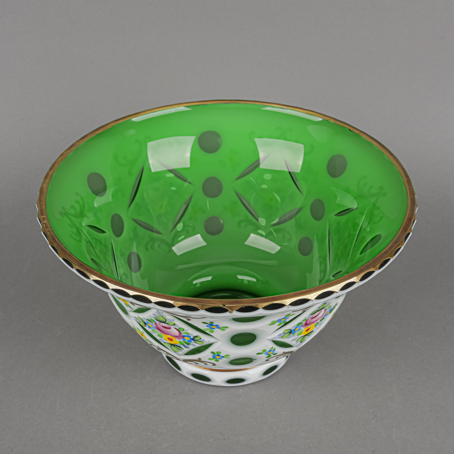 Bohemian Style Hand Painted White Cased Green Cut To Clear Footed Bowl