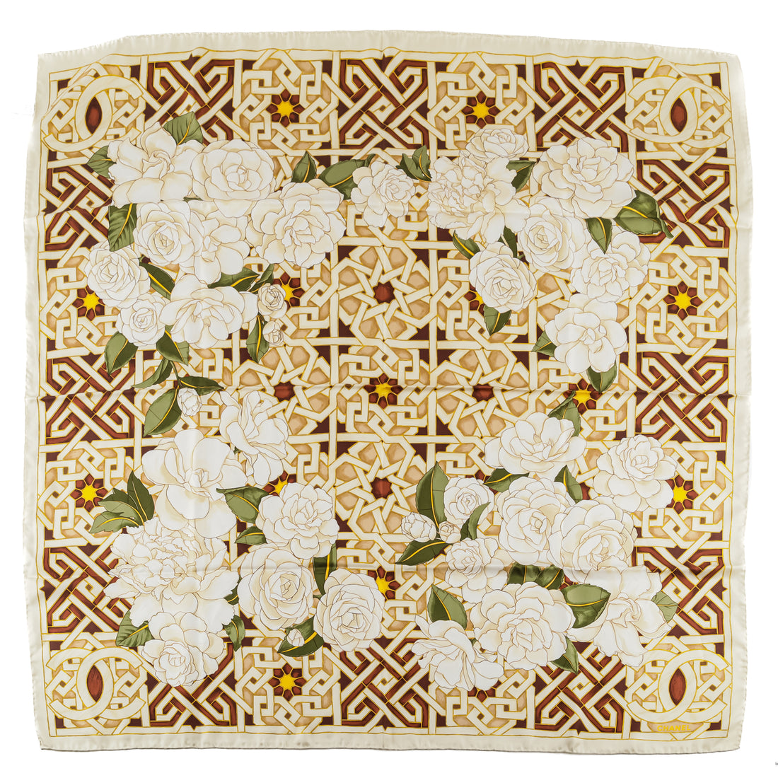 CHANEL Silk Scarf - Green Brown Lattice With Camellias