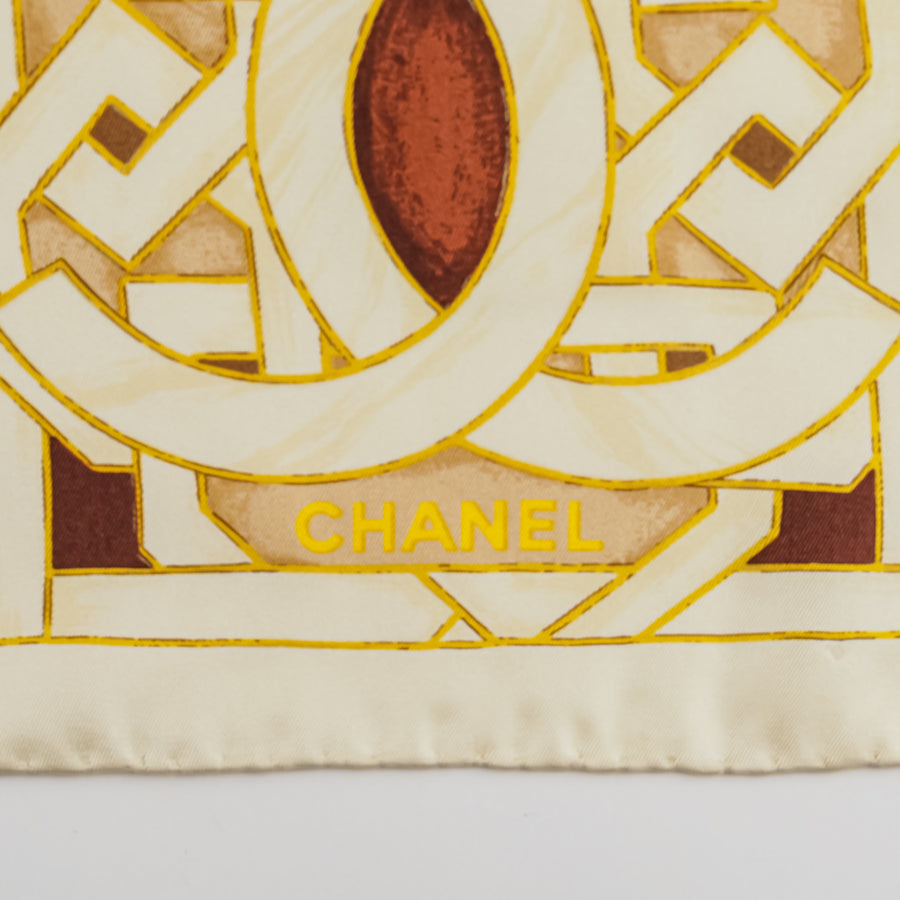 CHANEL Silk Scarf - Green Brown Lattice With Camellias