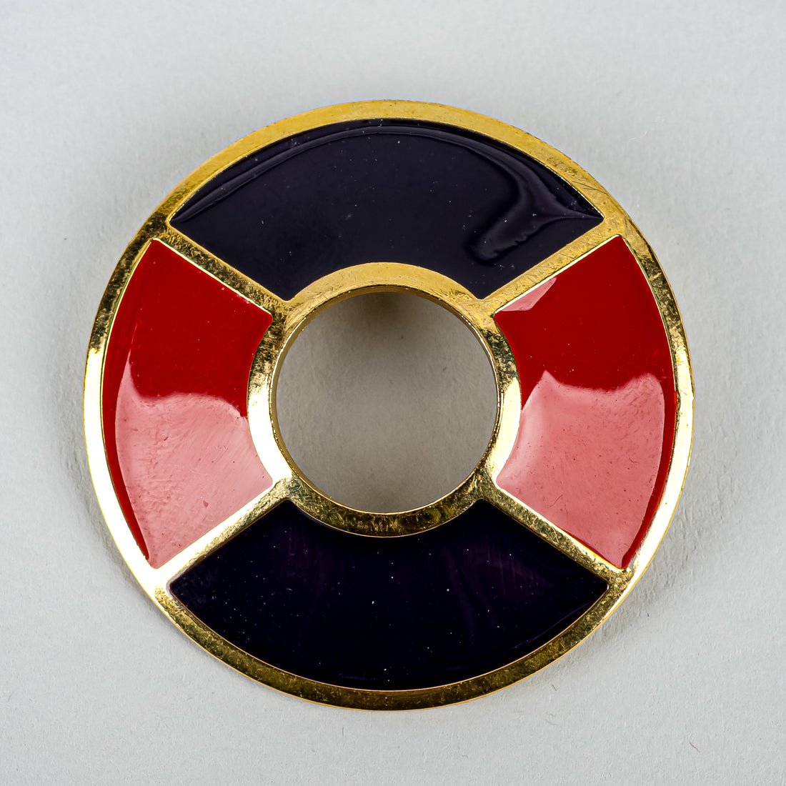 YVES SAINT LAURENT Vintage Gold-Tone Red & Navy Circle Brooch