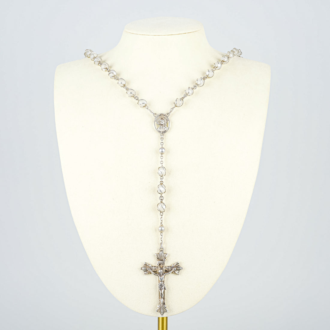 CREED ROSARY Vintage Sterling Silver With Opalescent Glass Caged Beads Rosary