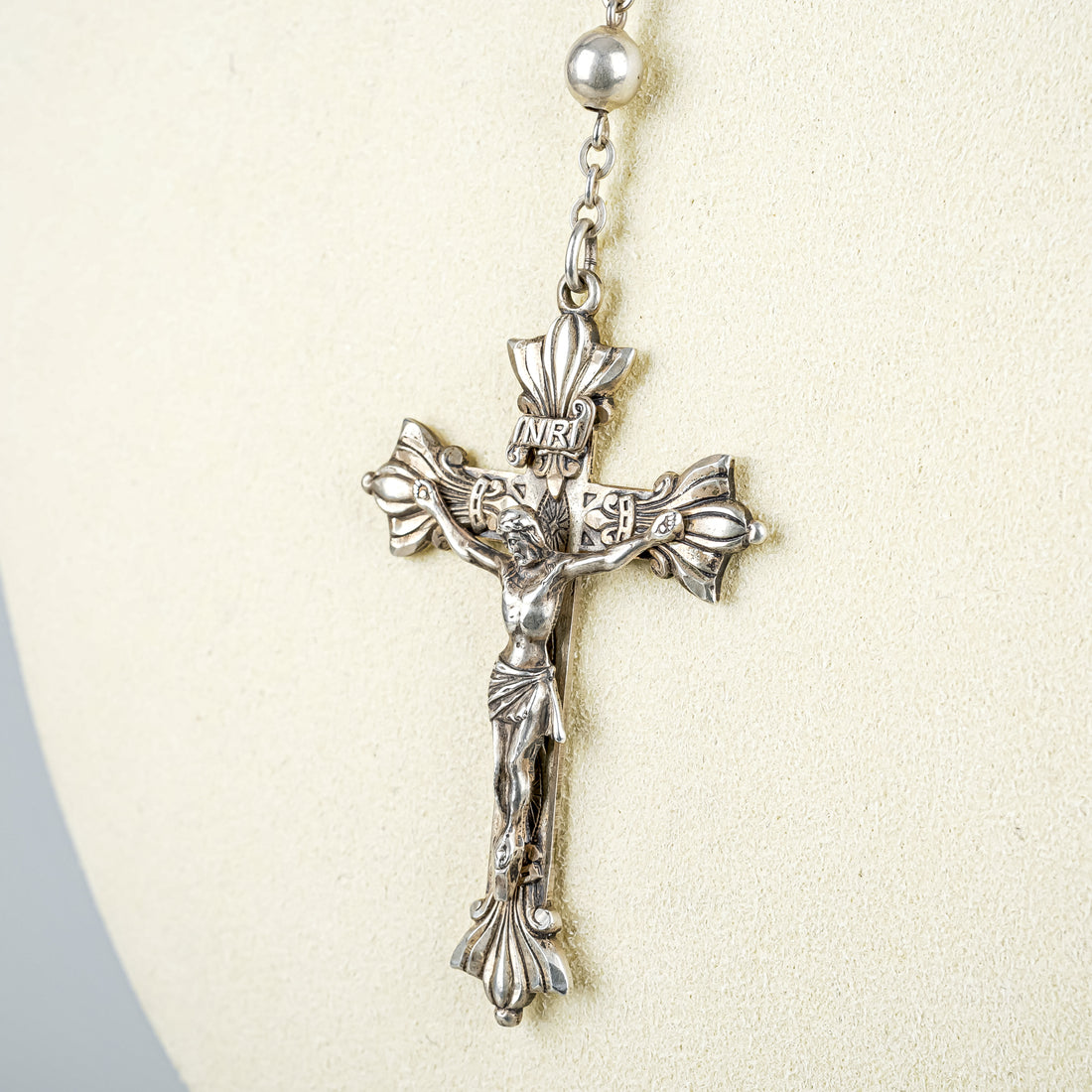CREED ROSARY Vintage Sterling Silver With Opalescent Glass Caged Beads Rosary