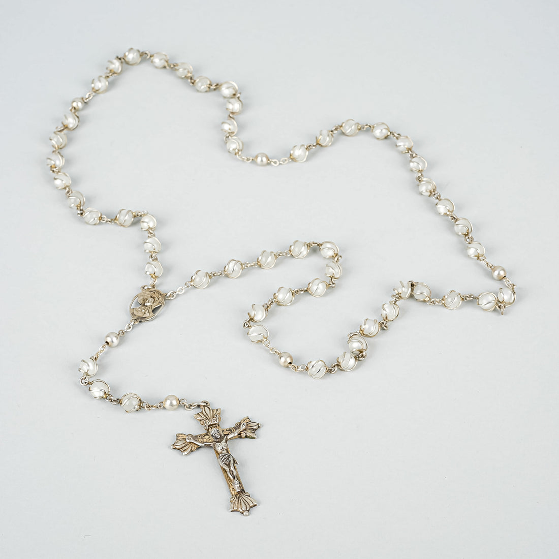 CREED ROSARY Vintage Sterling Silver With Opalescent Glass Caged Beads Rosary
