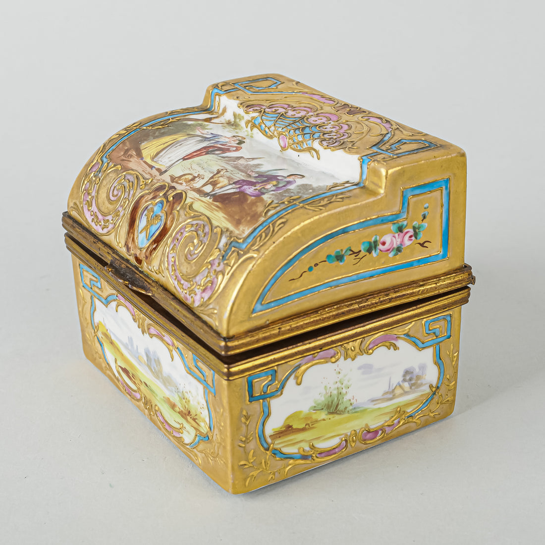 Vintage Limoges/Sevres Style Hand Painted Trinket Box With Brass Mounts