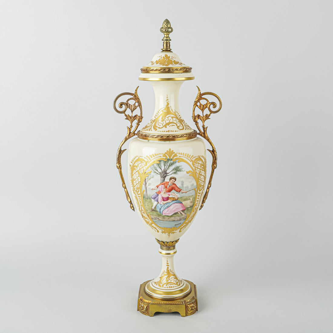Sevres Style Hand Painted Love Story Lidded Urn With Gilt Mounts