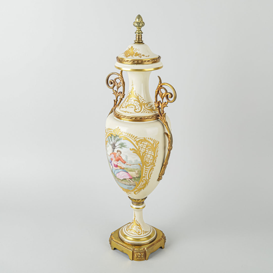 Sevres Style Hand Painted Love Story Lidded Urn With Gilt Mounts