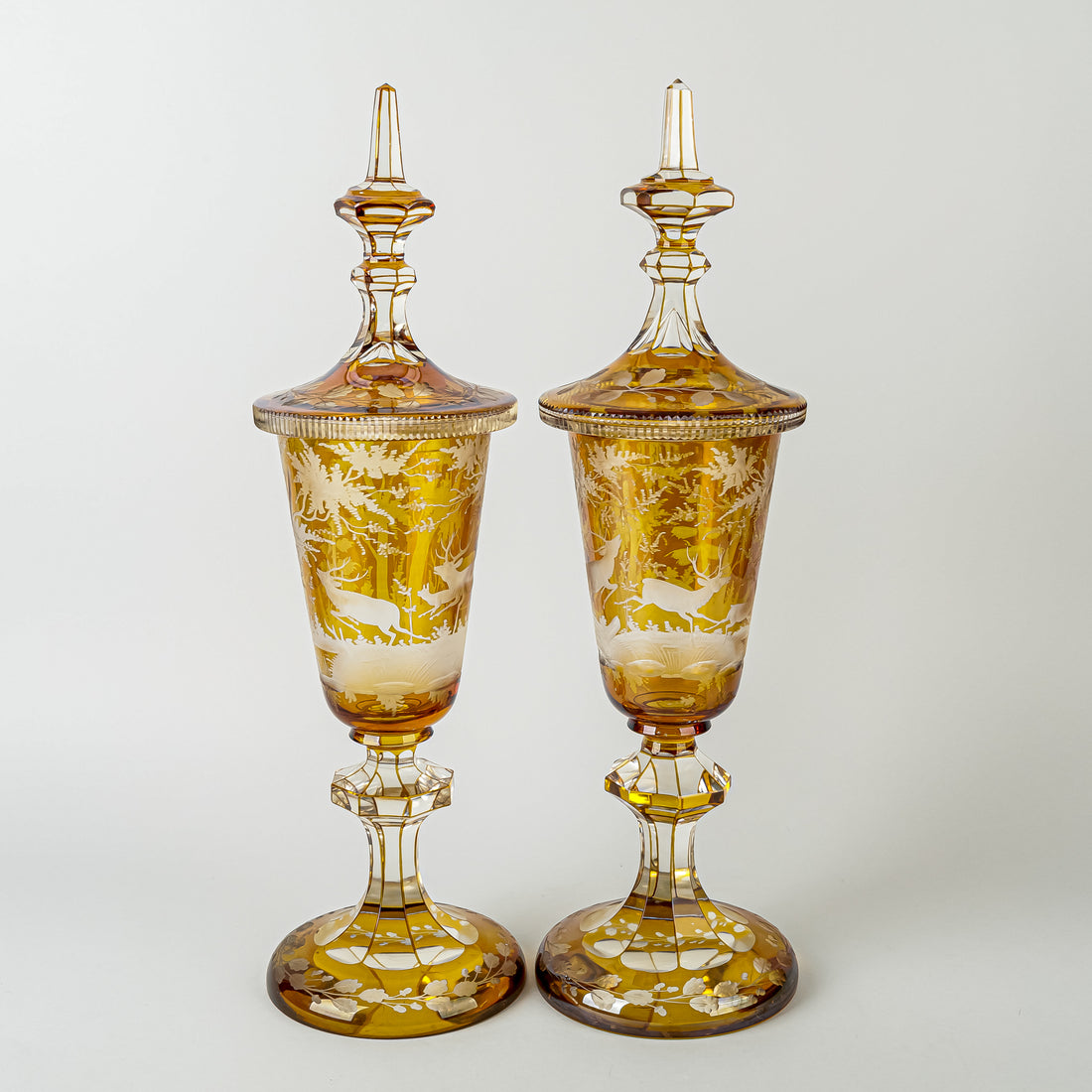Bohemia Style Amber Cut To Clear Lidded Cups Set Of 2