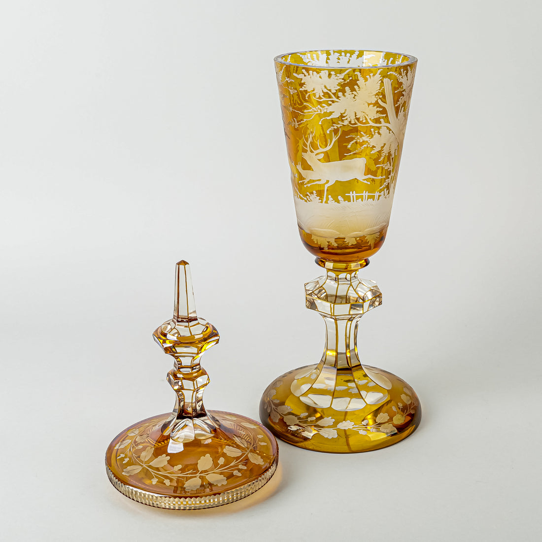 Bohemia Style Amber Cut To Clear Lidded Cups Set Of 2