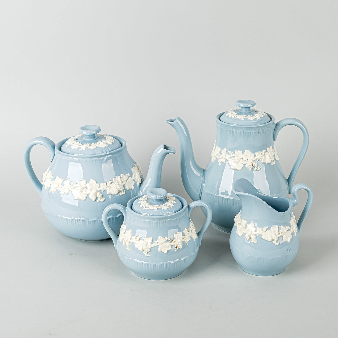 WEDGWOOD White On Blue Embossed Queens Ware Tea And Coffee Service