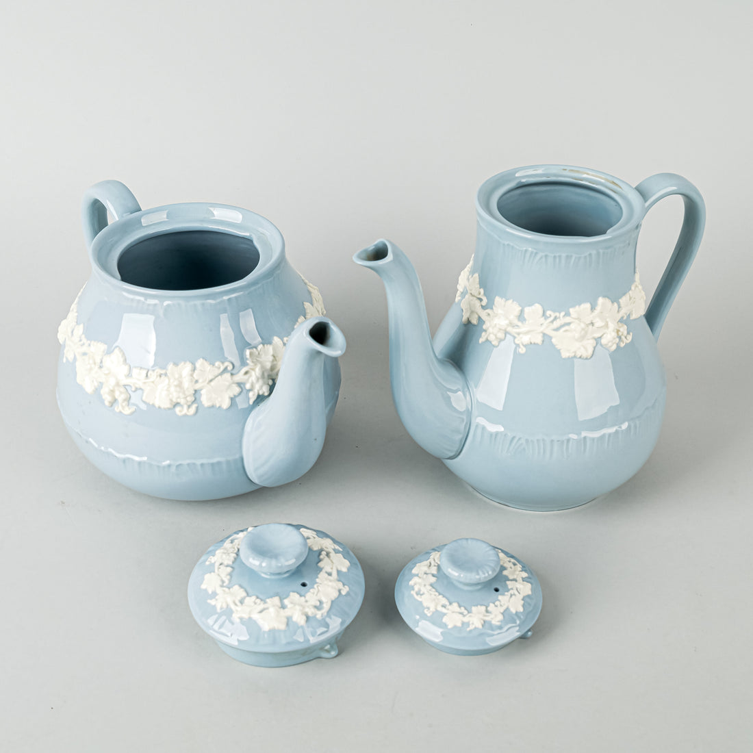 WEDGWOOD White On Blue Embossed Queens Ware Tea And Coffee Service