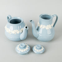 WEDGWOOD White On Blue Embossed Queens Ware Tea And Coffee Service
