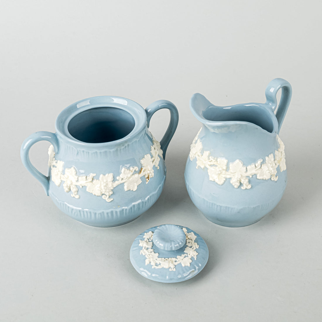 WEDGWOOD White On Blue Embossed Queens Ware Tea And Coffee Service