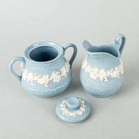 WEDGWOOD White On Blue Embossed Queens Ware Tea And Coffee Service