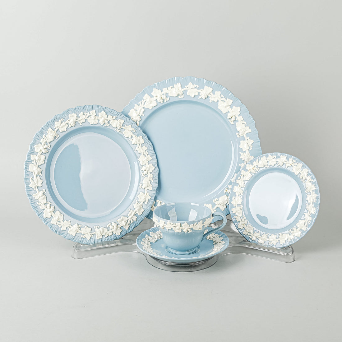 WEDGWOOD White On Blue Embossed Queens Ware 70 Pieces
