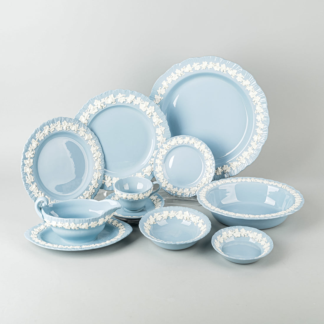 WEDGWOOD White On Blue Embossed Queens Ware 70 Pieces