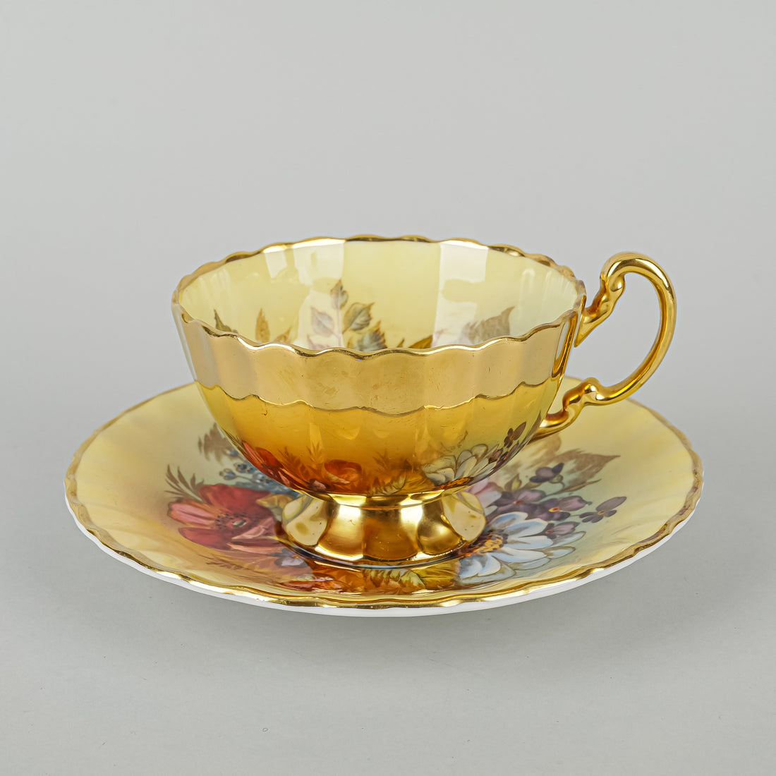 AYNSLEY Cup & Saucer JA Bailey Hand Painted Cabbage Rose Gold