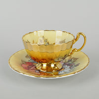 AYNSLEY Cup & Saucer JA Bailey Hand Painted Cabbage Rose Gold