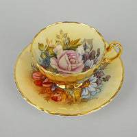 AYNSLEY Cup & Saucer JA Bailey Hand Painted Cabbage Rose Gold