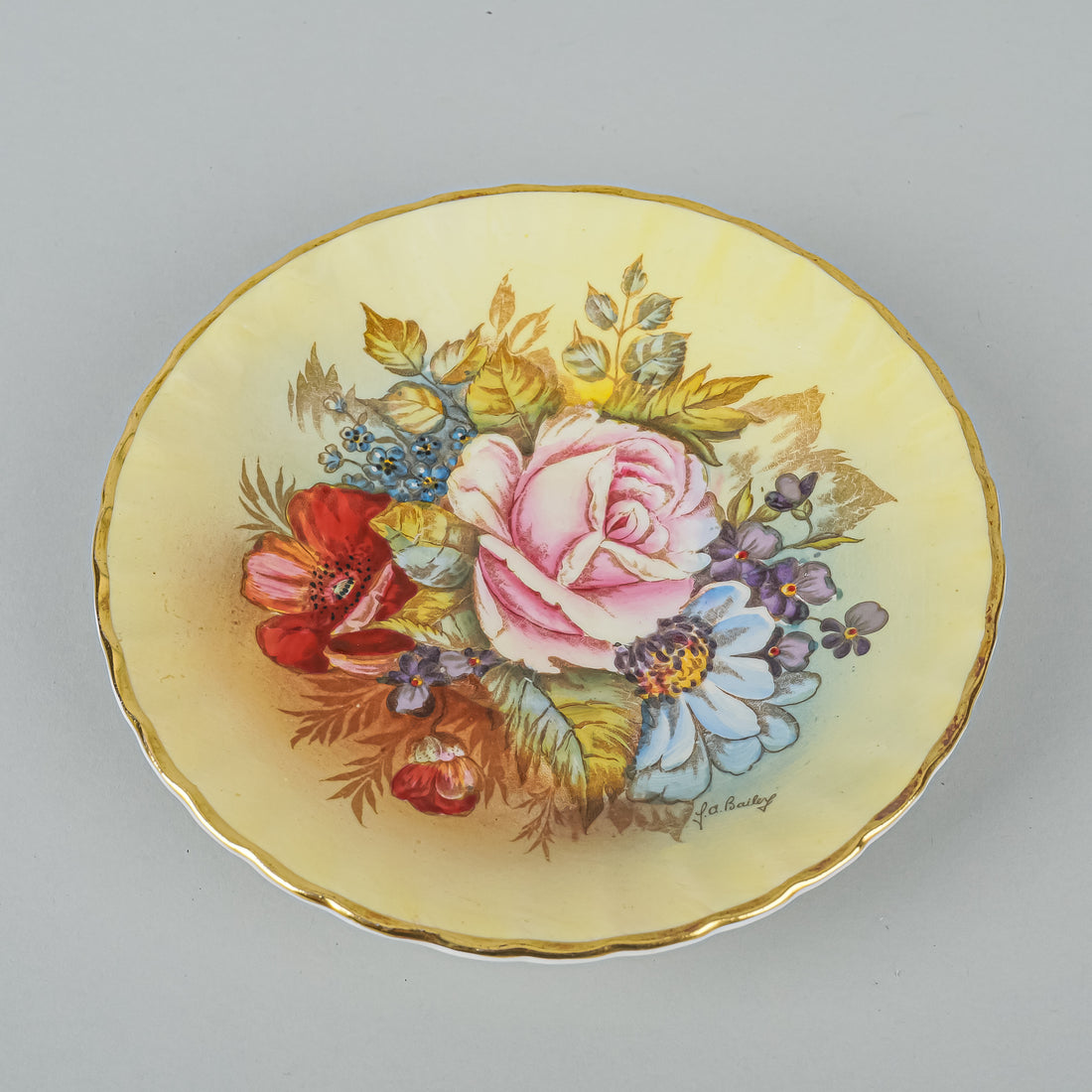AYNSLEY Cup & Saucer JA Bailey Hand Painted Cabbage Rose Gold