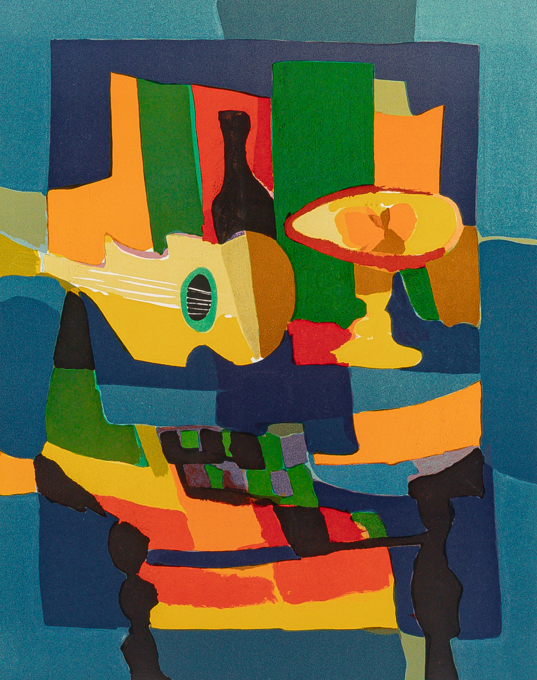 Marcel Mouly (French 1918-2008) "Guitare, Bouteille, Compotier"