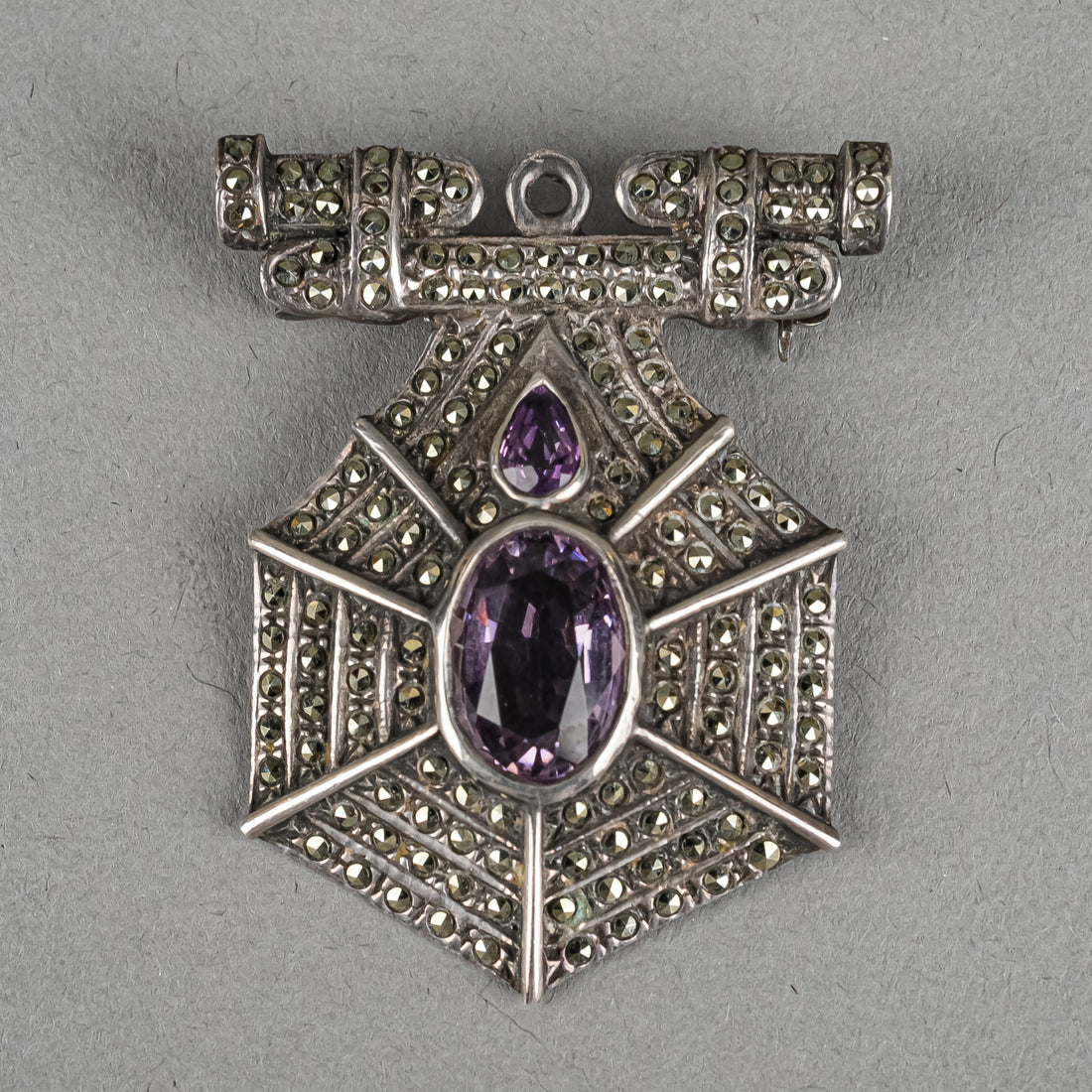 Art Deco Sterling Amethyst Marcasite Shield Pin Pendant