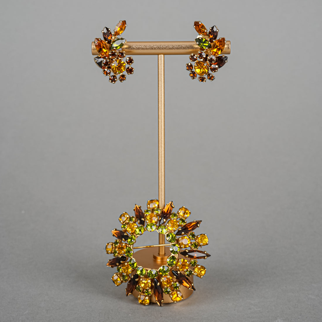 SHERMAN Brooch And Clips Set - Bronze Green Orange