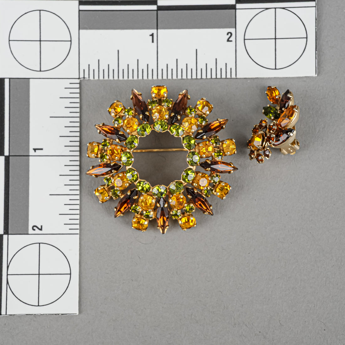 SHERMAN Brooch And Clips Set - Bronze Green Orange