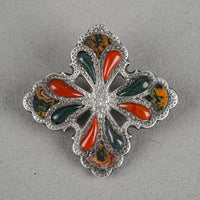 Scottish Silver Orange And Green Agate Chased Cross Brooch