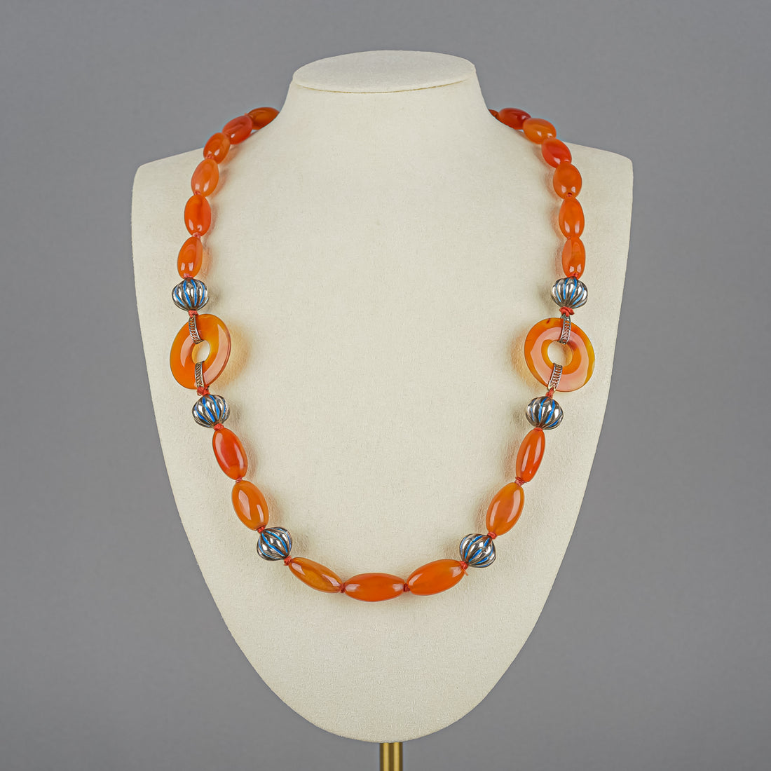 Chinese Export Carnelian Bead Enamelled Silver Bead Necklace