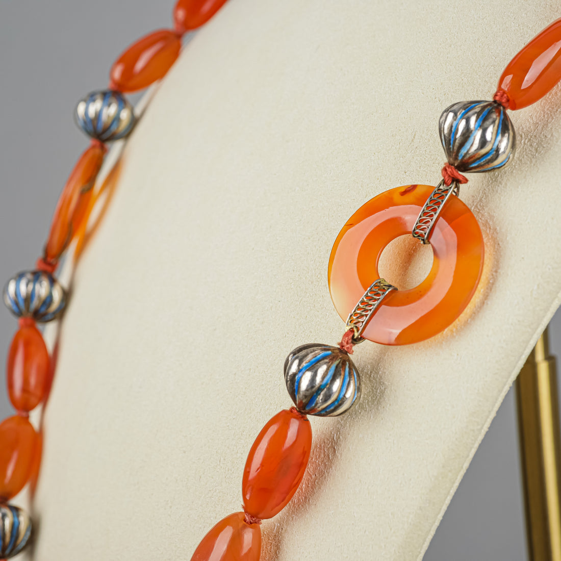 Chinese Export Carnelian Bead Enamelled Silver Bead Necklace