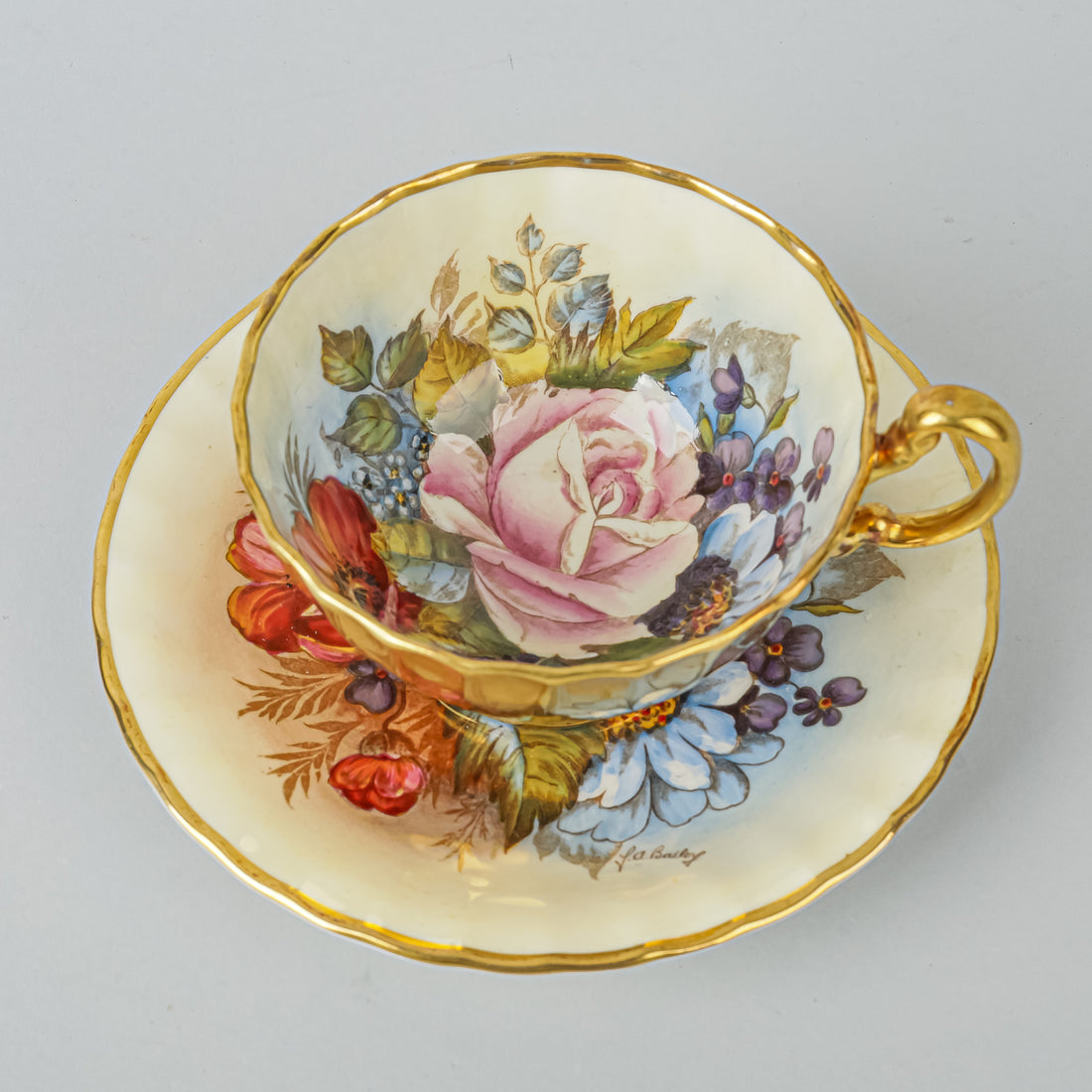 AYNSLEY Cup & Saucer 804 JA Bailey Cabbage Rose - Gold