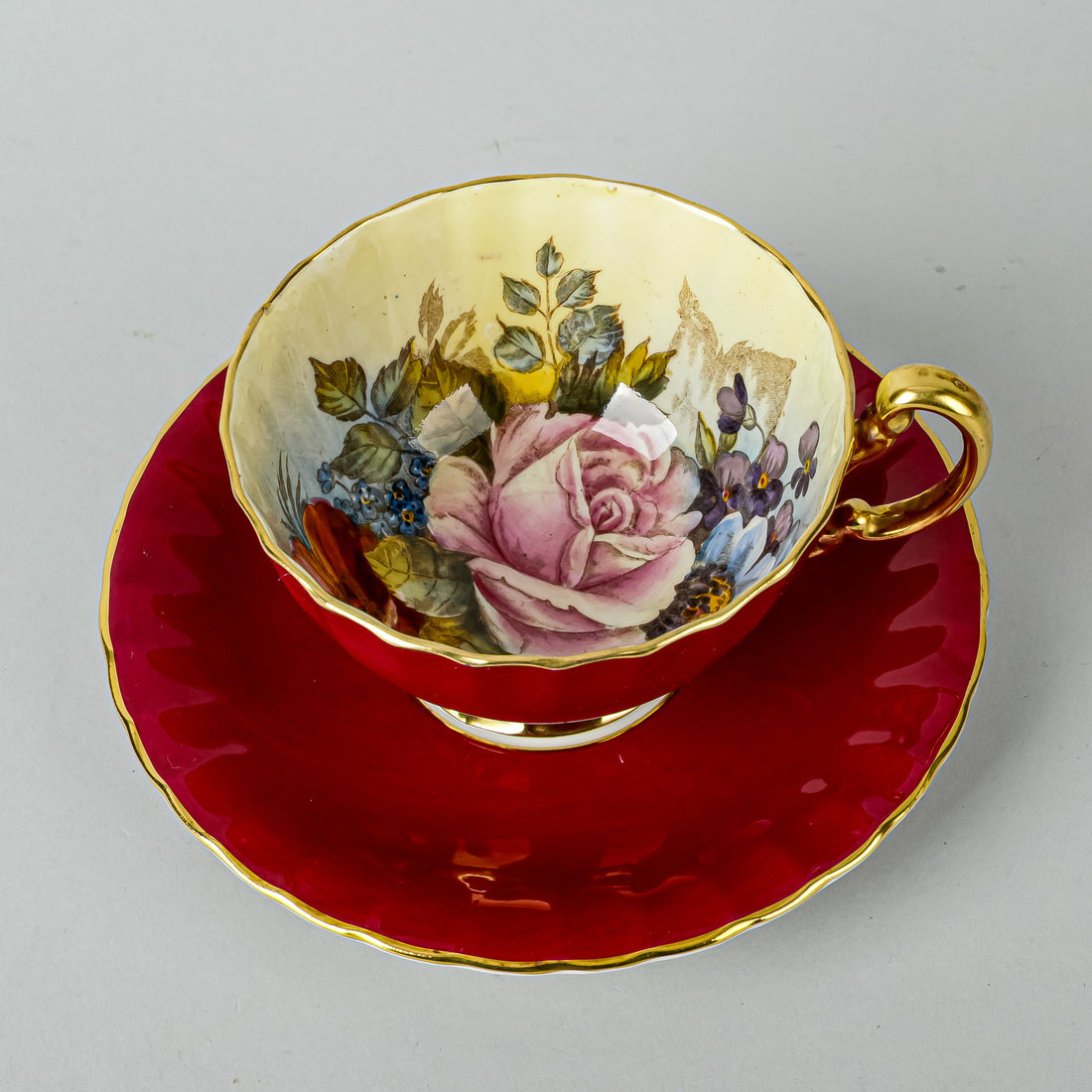 AYNSLEY Cup & Saucer C1033 JA Bailey Cabbage Rose - Red