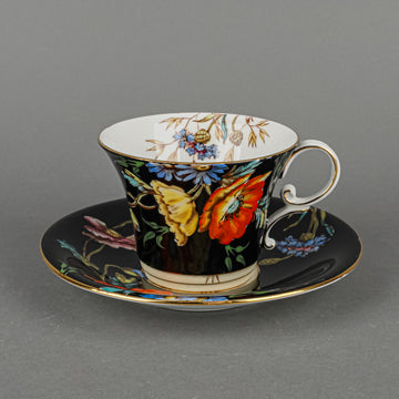 AYNSLEY Cup & Saucer 4156 Hand Painted Poppies Black Ground