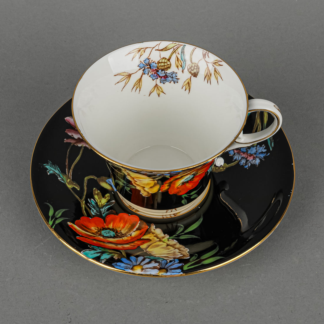 AYNSLEY Cup & Saucer 4156 Hand Painted Poppies Black Ground