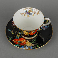 AYNSLEY Cup & Saucer 4156 Hand Painted Poppies Black Ground