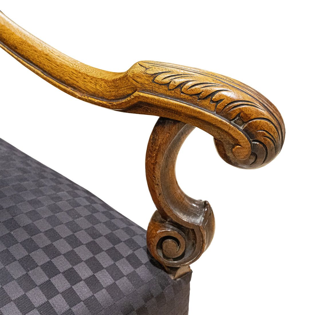 Vintage Carved High Back Arm Chair With Blue Upholsery