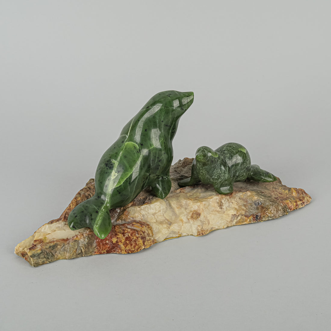 Spinach Jade Figurines - Two Seals On Stone Base