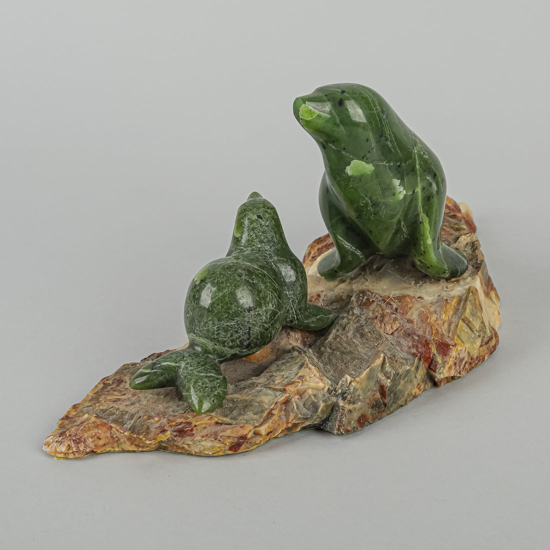 Spinach Jade Figurines - Two Seals On Stone Base
