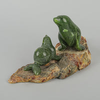 Spinach Jade Figurines - Two Seals On Stone Base