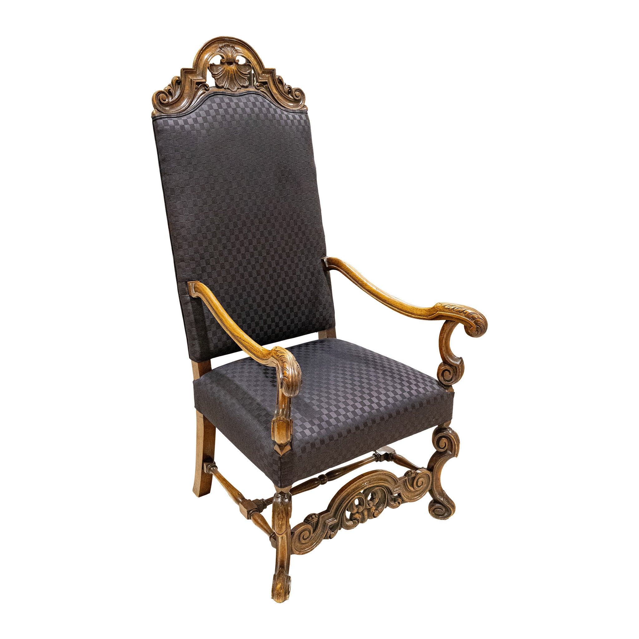 Vintage Carved High Back Arm Chair With Blue Upholsery - Around The Block