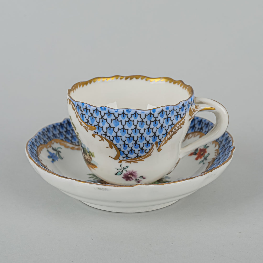 MEISSEN Coffee Cup & Saucer Hand Painted Love Story, Blue Panels