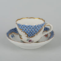 MEISSEN Coffee Cup & Saucer Hand Painted Love Story, Blue Panels