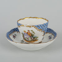 MEISSEN Coffee Cup & Saucer Hand Painted Love Story, Blue Panels