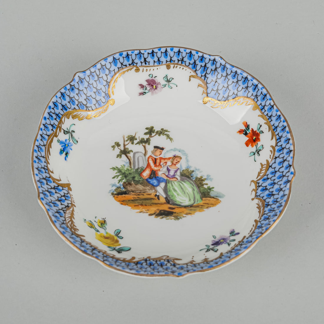 MEISSEN Coffee Cup & Saucer Hand Painted Love Story, Blue Panels