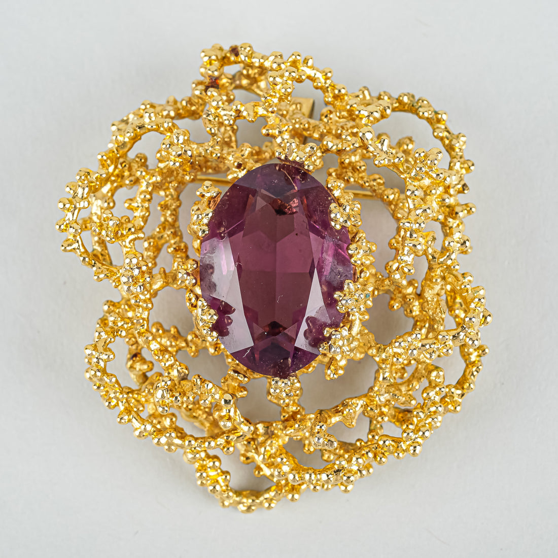 PANETTA Gold Tone Brutalist Synthetic Amethyst Pendant Brooch