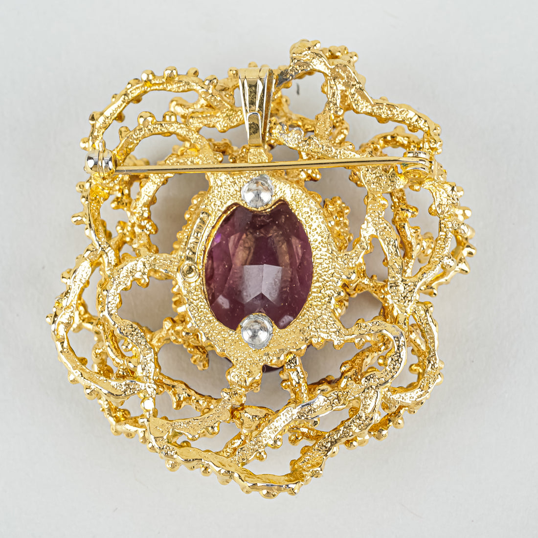 PANETTA Gold Tone Brutalist Synthetic Amethyst Pendant Brooch